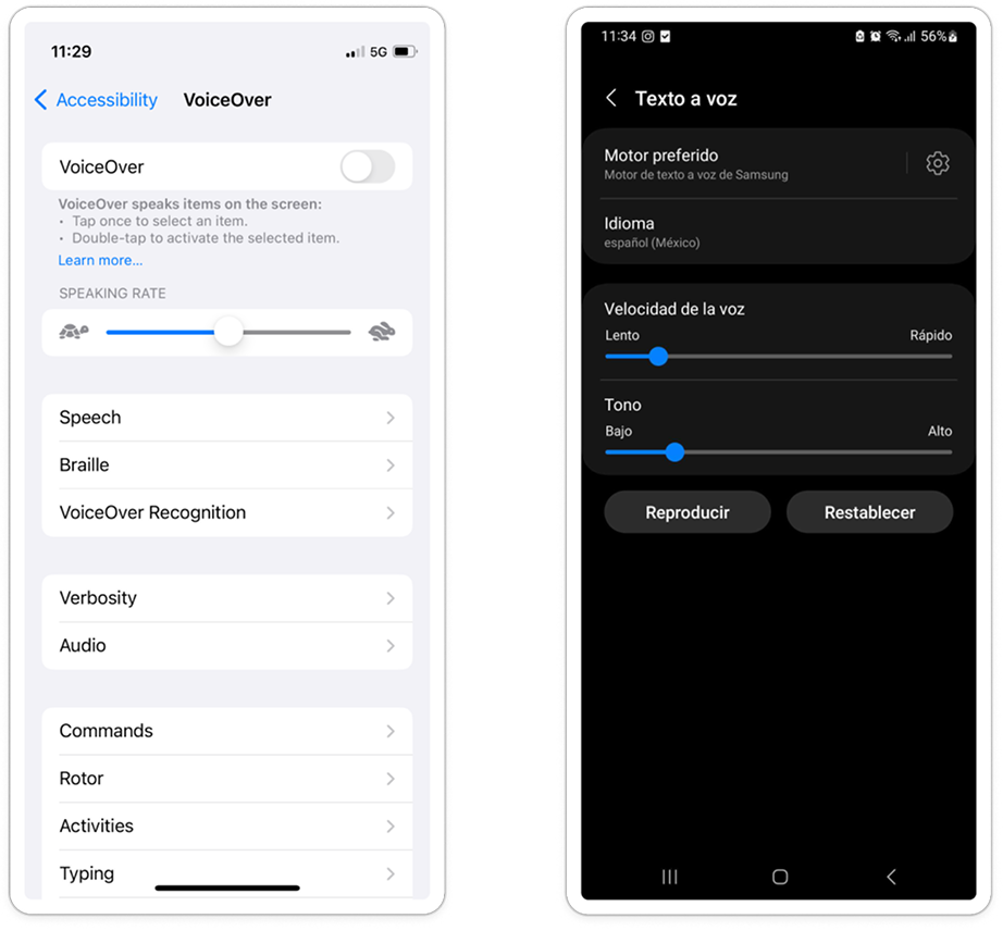 iOS VoiceOver settings and Samsung text-to-speech settings, used to turn on the screen reader directly on your phone