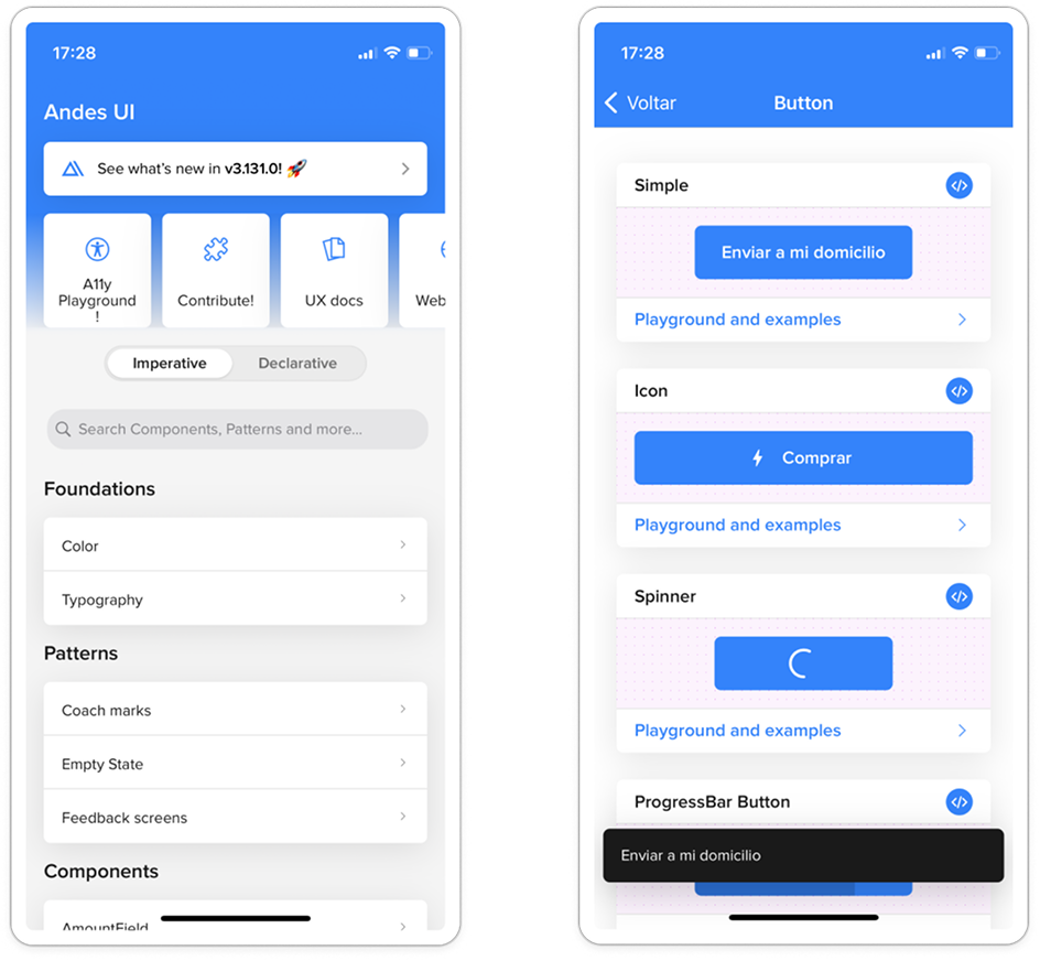 Andes UI mobile app showing the A11y Playground and a Button component screen with accessibility examples