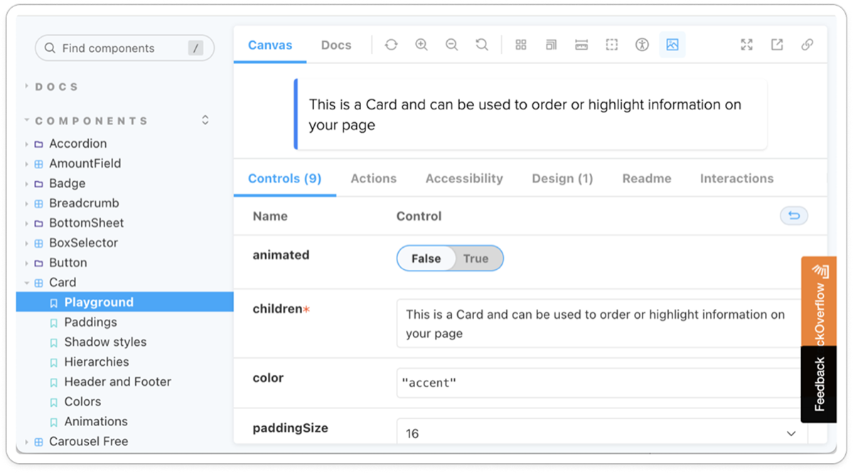 Storybook Card component playground showing the Accessibility tab used to test how a component is read by a screen reader