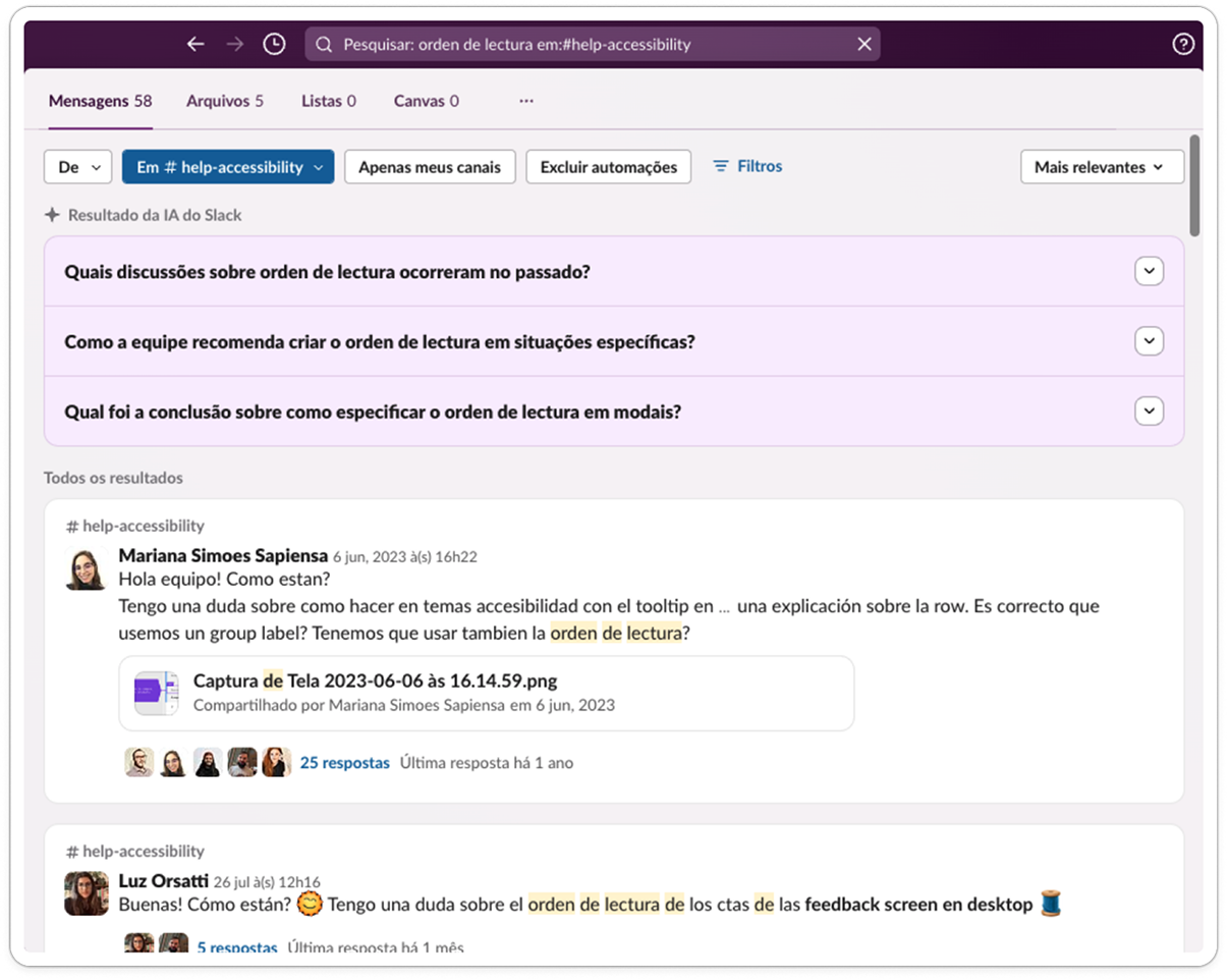 Slack #help-accessibility channel showing a search for &ldquo;reading order&rdquo; and a team discussion thread about it