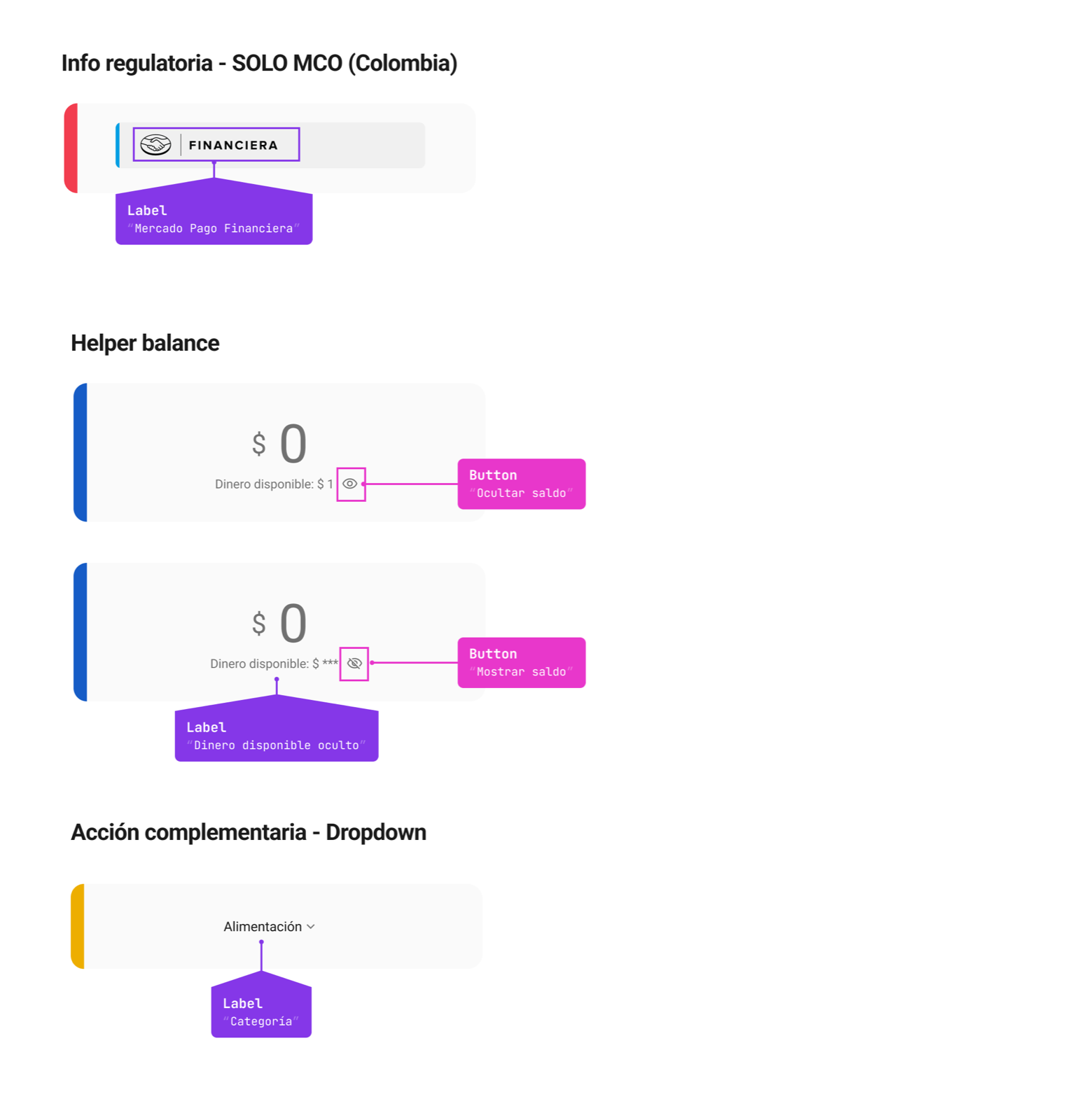 Accessibility handoff examples: Regulatory info label for Colombia only, Helper balance show/hide button, and Complementary action dropdown