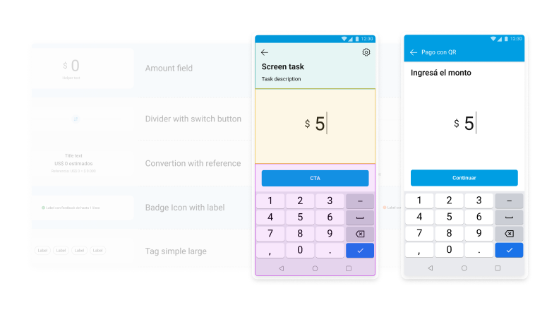Amount Screen standardization interface, with amount field, switch, conversion, badge, and tag components