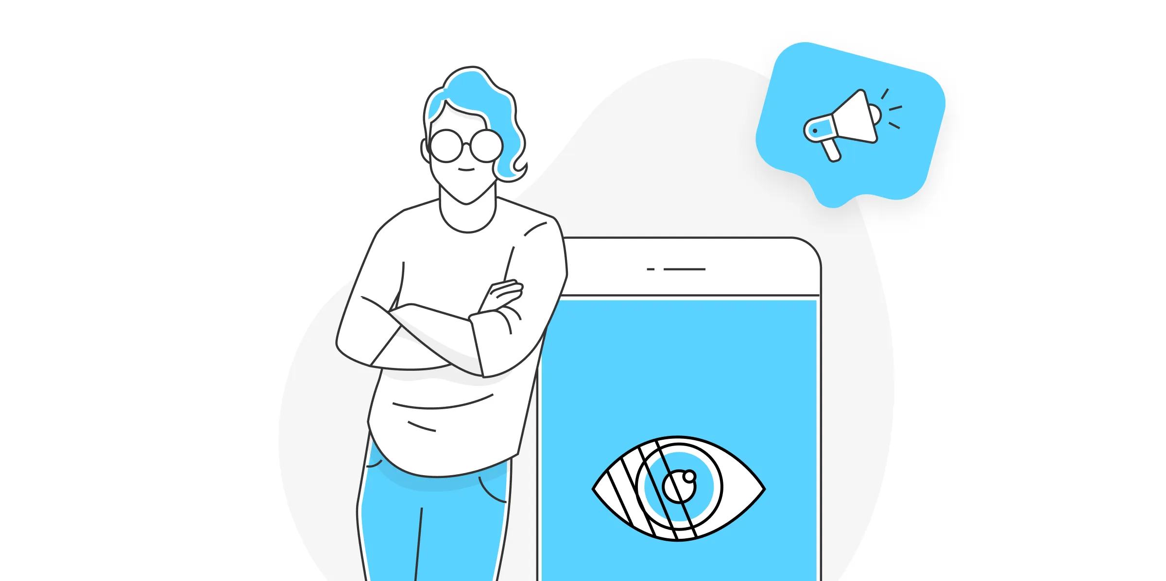 Ilustração de uma pessoa ao lado de um celular exibindo um ícone de olho, representando acessibilidade