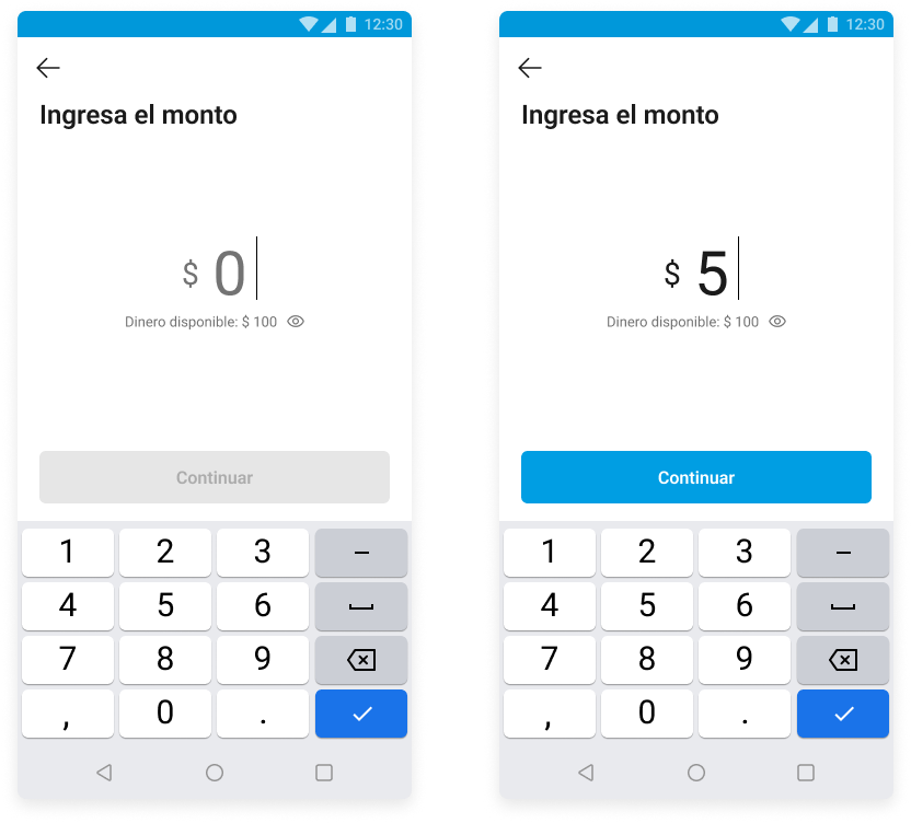 Comparação entre o estado vazio e o estado preenchido da Amount Screen padronizada, com o botão Continuar desabilitado e habilitado