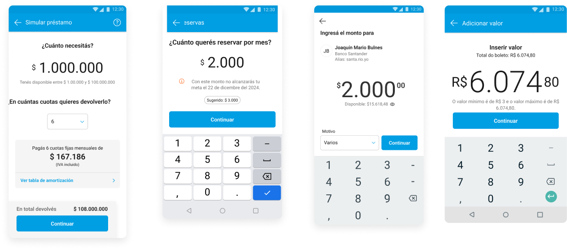 Quatro telas de Amount Screen diferentes usadas em Simular préstamo, reservas, transferência e adicionar valor, evidenciando a falta de padronização