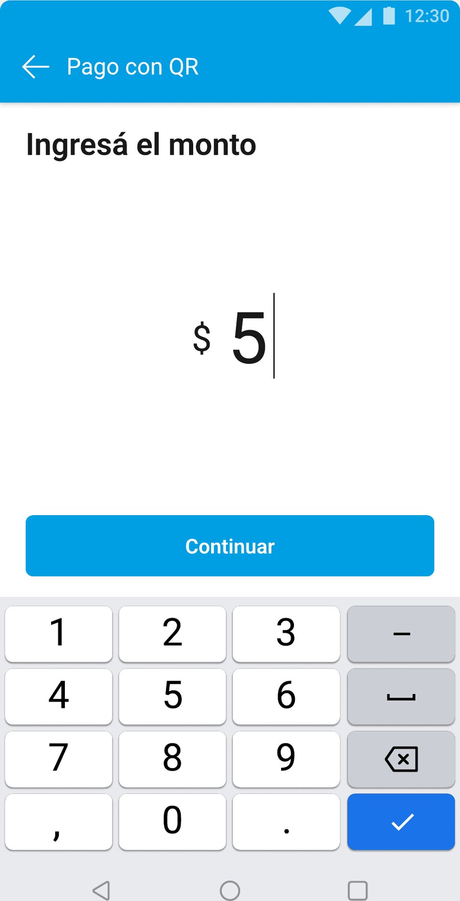 Tela Pago con QR mostrando o campo Ingresá el monto com o valor $5 preenchido